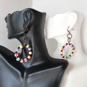 Handmade Rainbow Hoop Earrings Round Beads on Aged Copper Fishhooks  2.75 Inch